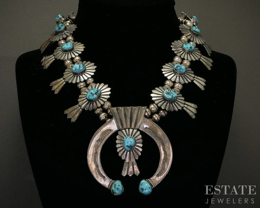 Sterling Morenci Turquoise Fred Thompson Navajo Squash Blossom Necklace p28651