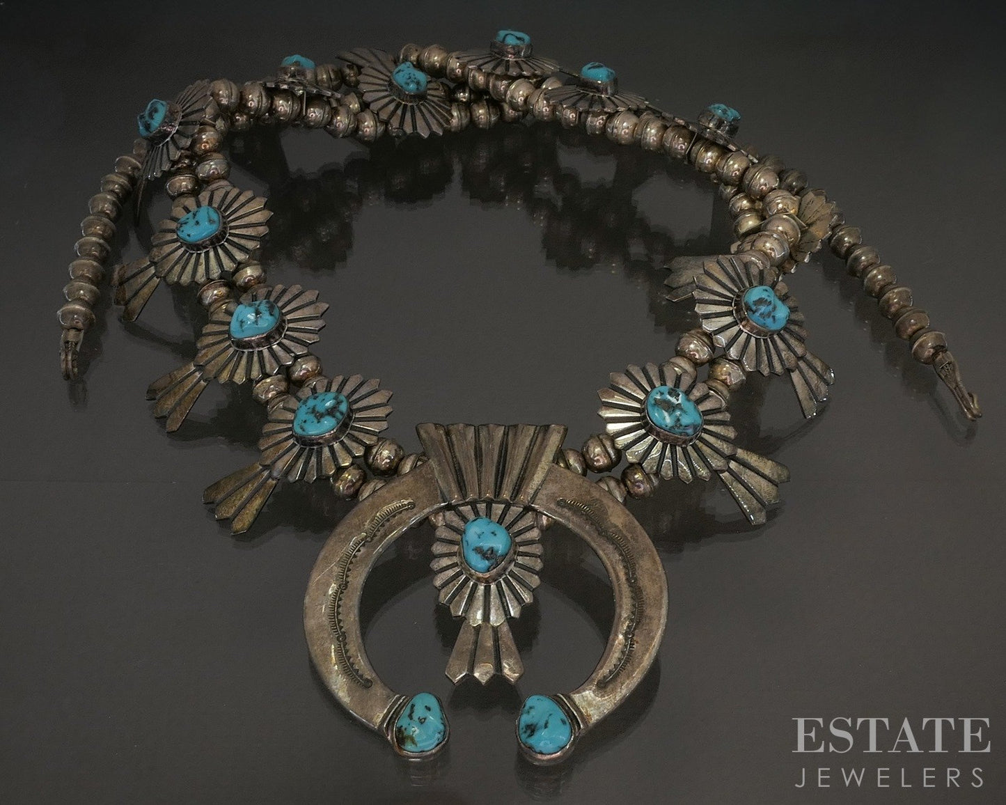 Sterling Morenci Turquoise Fred Thompson Navajo Squash Blossom Necklace p28651