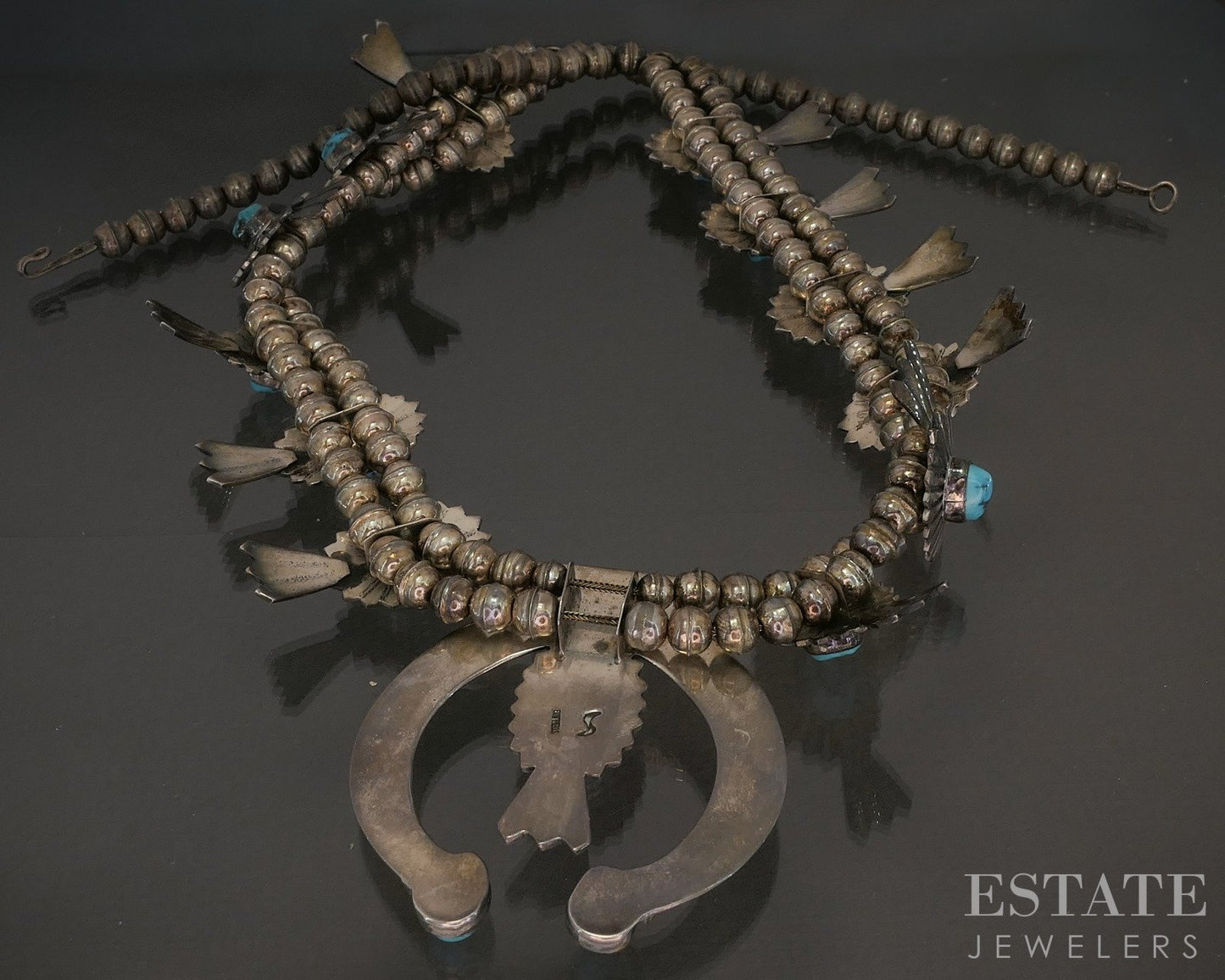 Sterling Morenci Turquoise Fred Thompson Navajo Squash Blossom Necklace p28651