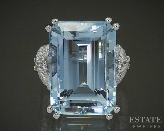14k White Gold Emerald Natural 20.99ct Aquamarine & Diamond Ring 13g p28539