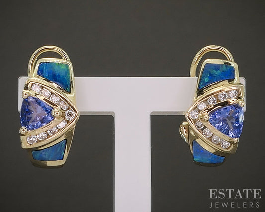 14k Honey Gold LeVian Natural Tanzanite Opal & Diamond Earrings 4.4g p27523