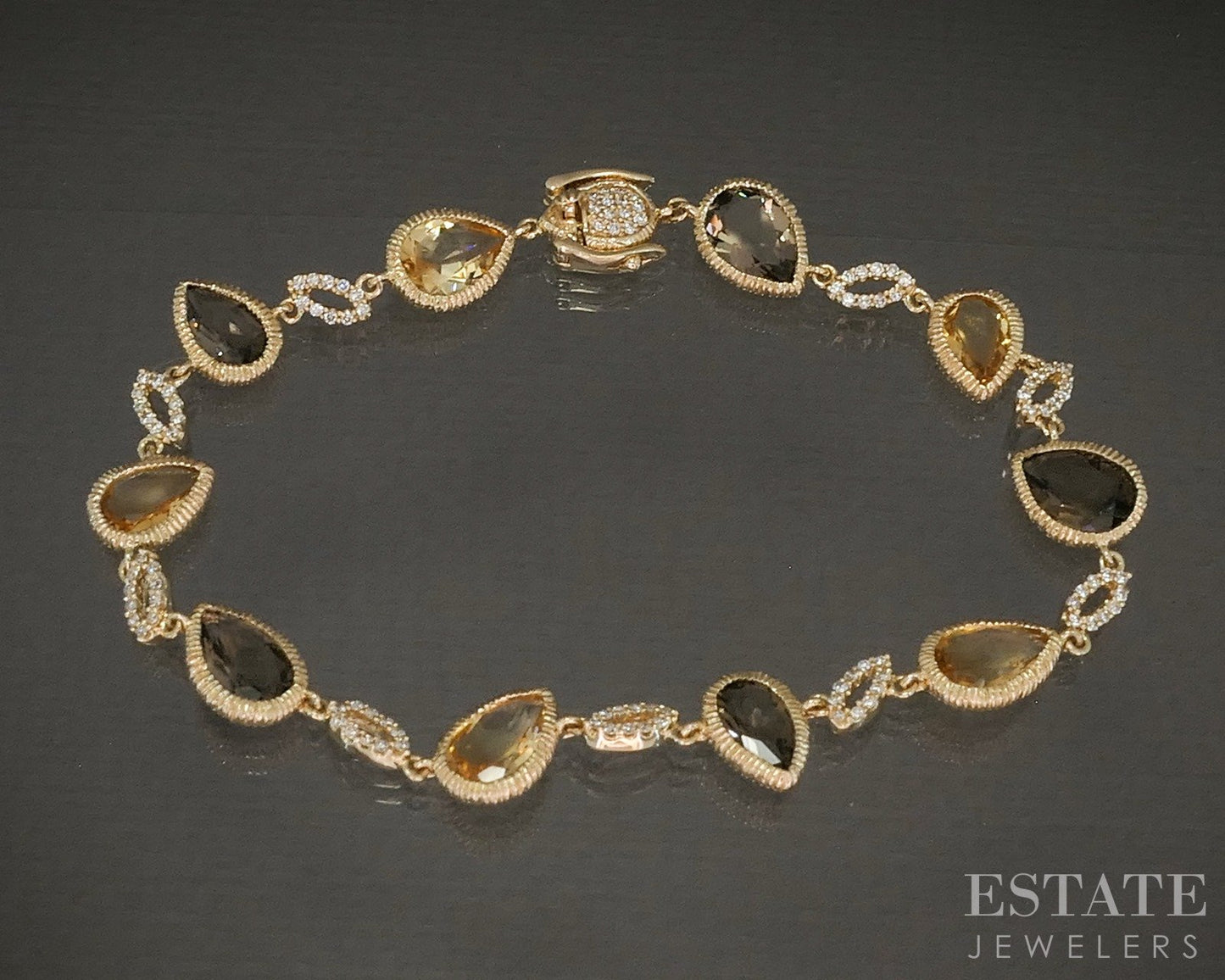 14k Honey Gold LeVian Smoky Quartz Citrine & Diamond Bracelet 11.7g 7.5"L p26125