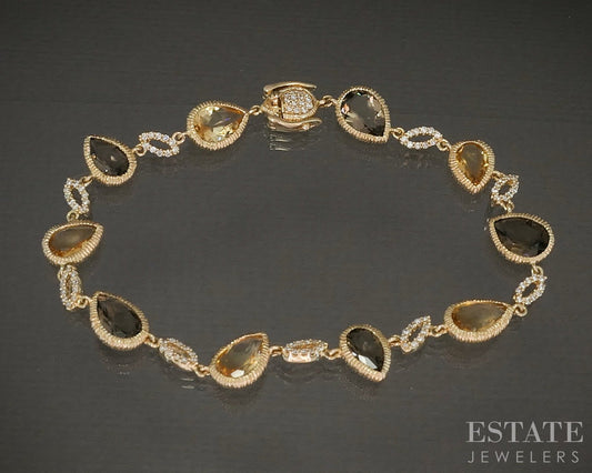 14k Honey Gold LeVian Smoky Quartz Citrine & Diamond Bracelet 11.7g 7.5"L p26125