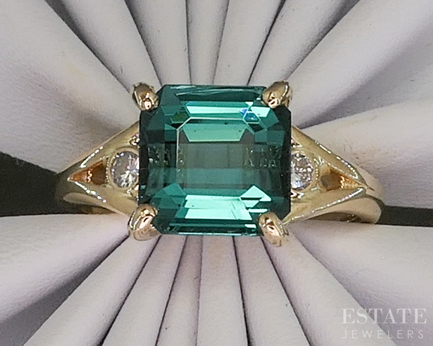 14k Yellow Gold Natural 2.85ct Teal Tourmaline & Diamond Ring 4.2g p28538
