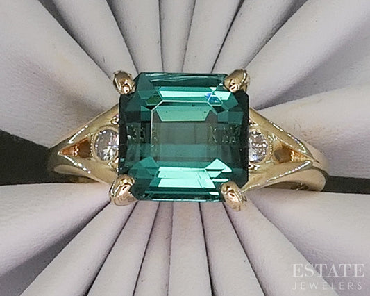 14k Yellow Gold Natural 2.85ct Teal Tourmaline & Diamond Ring 4.2g p28538