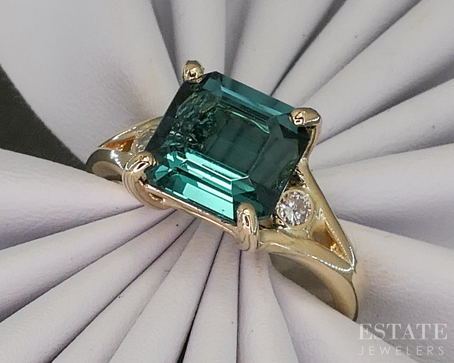 14k Yellow Gold Natural 2.85ct Teal Tourmaline & Diamond Ring 4.2g p28538