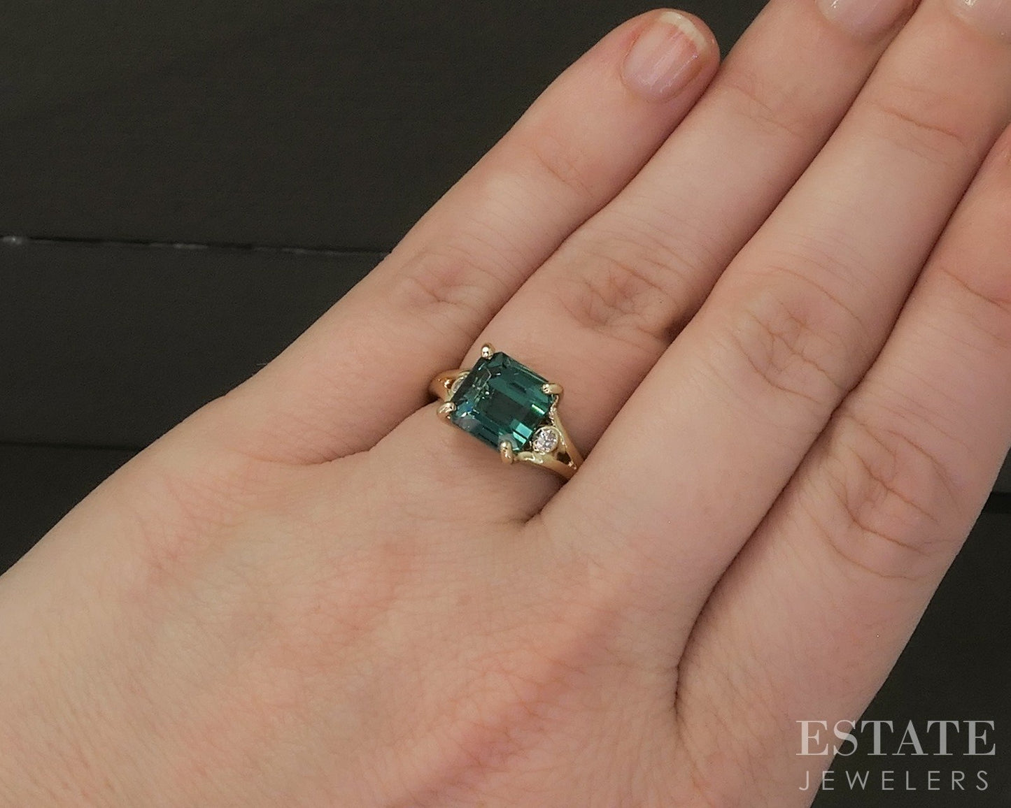 14k Yellow Gold Natural 2.85ct Teal Tourmaline & Diamond Ring 4.2g p28538