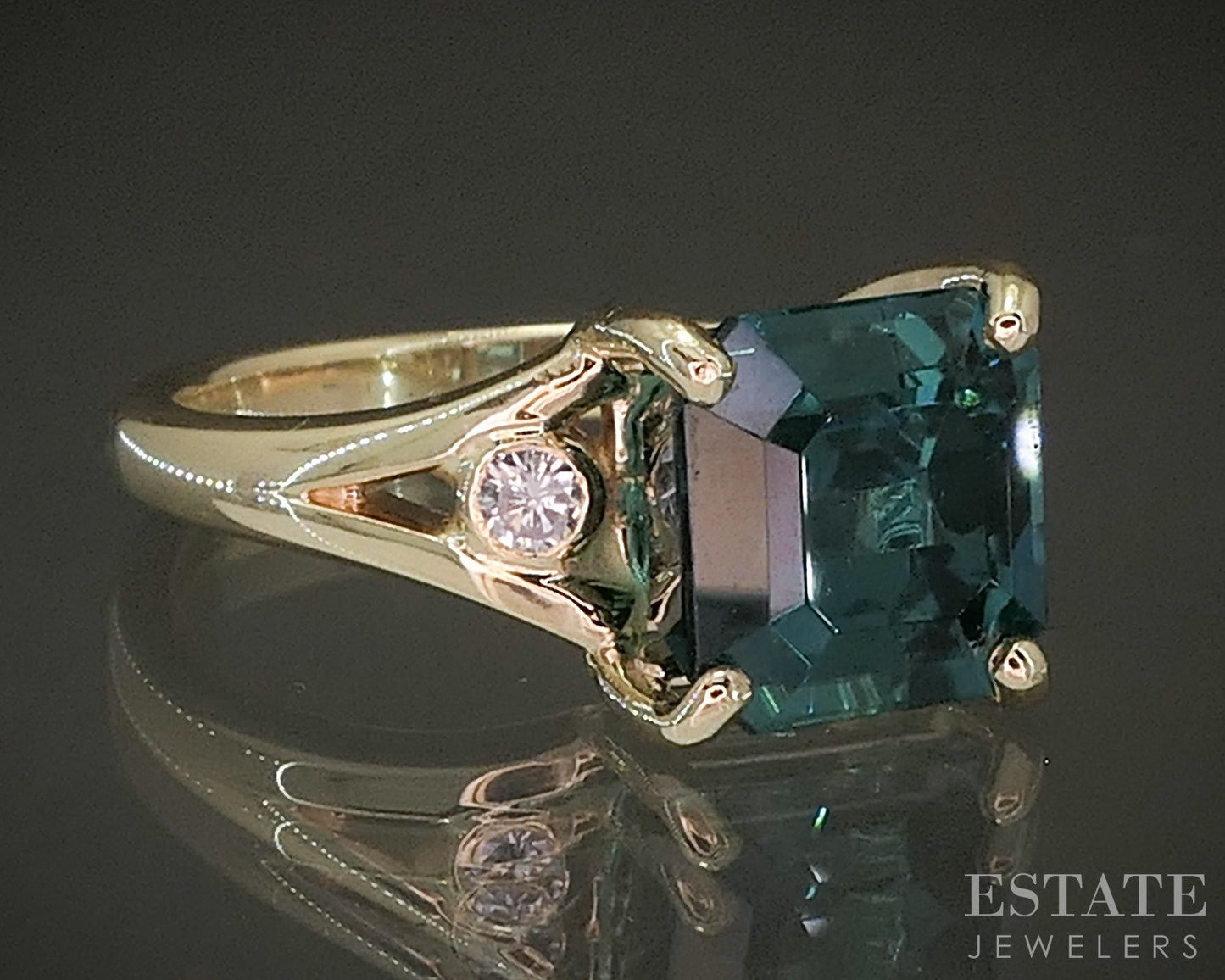 14k Yellow Gold Natural 2.85ct Teal Tourmaline & Diamond Ring 4.2g p28538