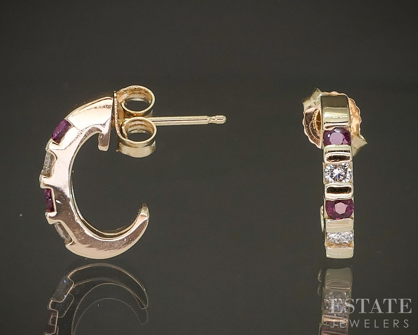 14k Yellow Gold Natural Ruby & Diamond J-Hoop Ladies Earrings 2.4g p28537