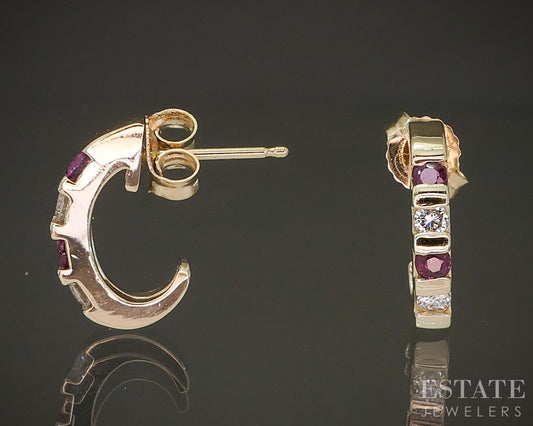 14k Yellow Gold Natural Ruby & Diamond J-Hoop Ladies Earrings 2.4g p28537