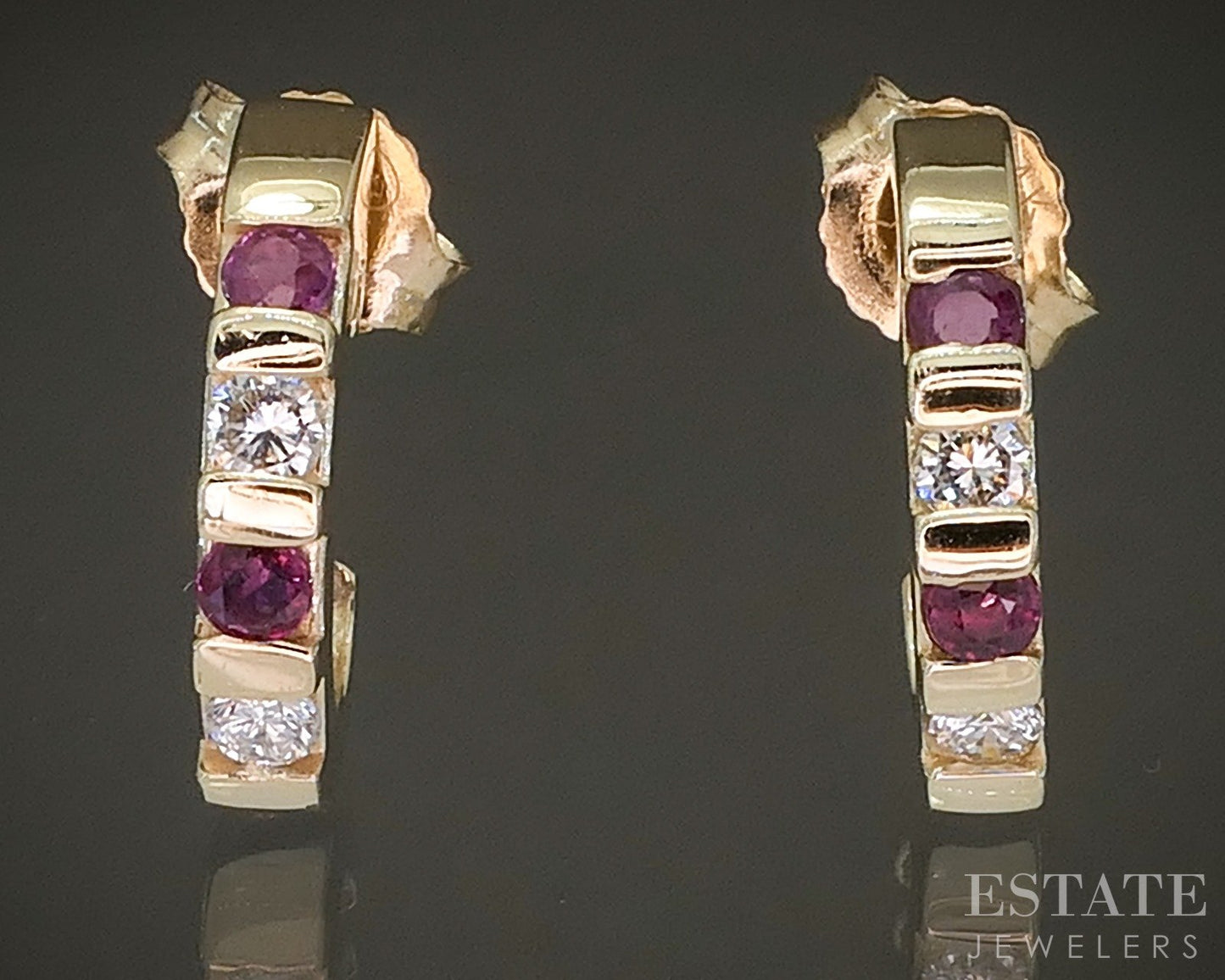 14k Yellow Gold Natural Ruby & Diamond J-Hoop Ladies Earrings 2.4g p28537