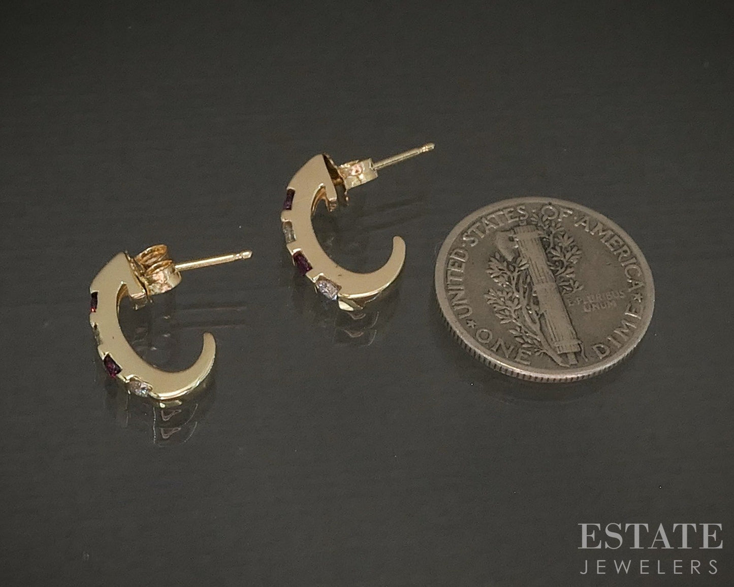 14k Yellow Gold Natural Ruby & Diamond J-Hoop Ladies Earrings 2.4g p28537