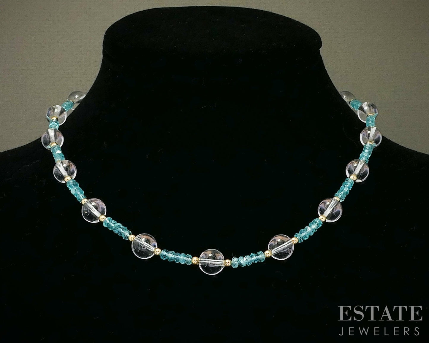 14k Yellow Gold 3.2mm Natural Apatite & Quartz Beaded Necklace 18.4g 16"L p28558