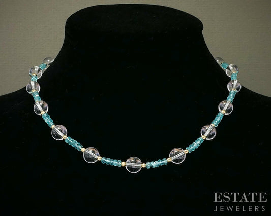 14k Yellow Gold 3.2mm Natural Apatite & Quartz Beaded Necklace 18.4g 16"L p28558