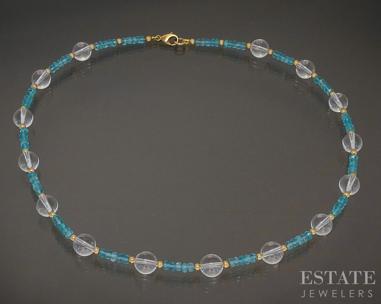 14k Yellow Gold 3.2mm Natural Apatite & Quartz Beaded Necklace 18.4g 16"L p28558