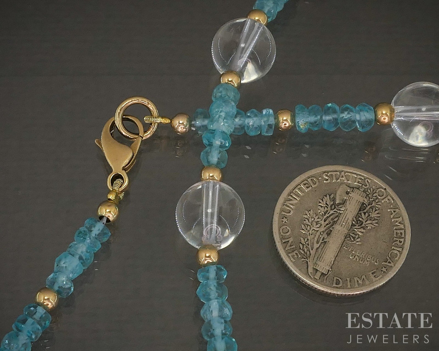 14k Yellow Gold 3.2mm Natural Apatite & Quartz Beaded Necklace 18.4g 16"L p28558