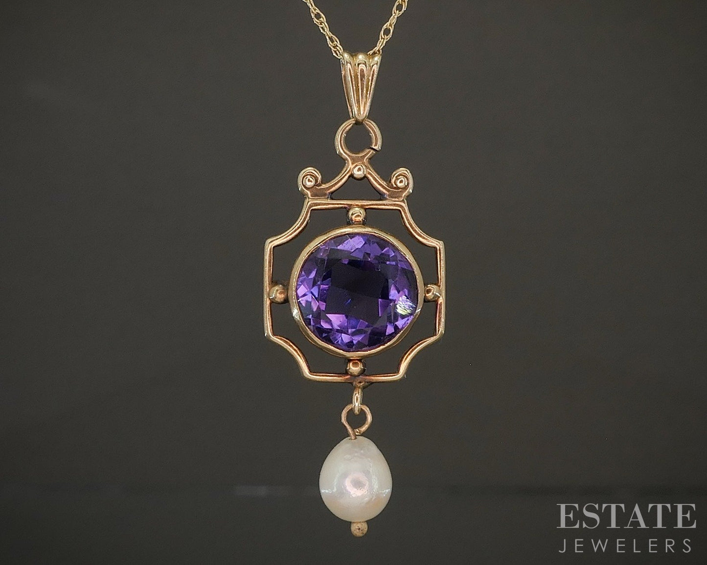 Vintage 10k Yellow Gold Natural Amethyst & Pearl Necklace 2.2g 18"L p26312