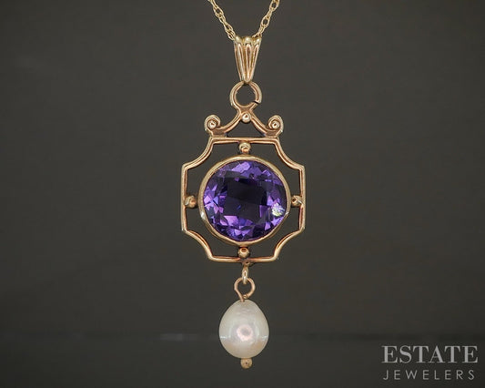 Vintage 10k Yellow Gold Natural Amethyst & Pearl Necklace 2.2g 18"L p26312