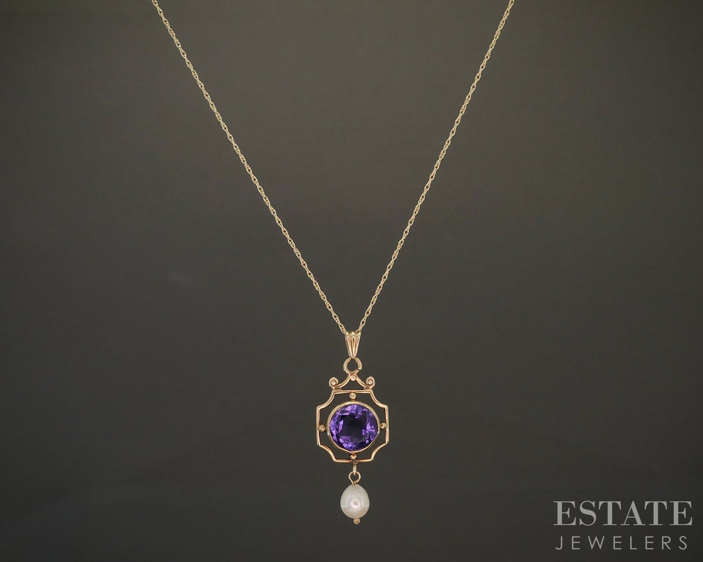 Vintage 10k Yellow Gold Natural Amethyst & Pearl Necklace 2.2g 18"L p26312