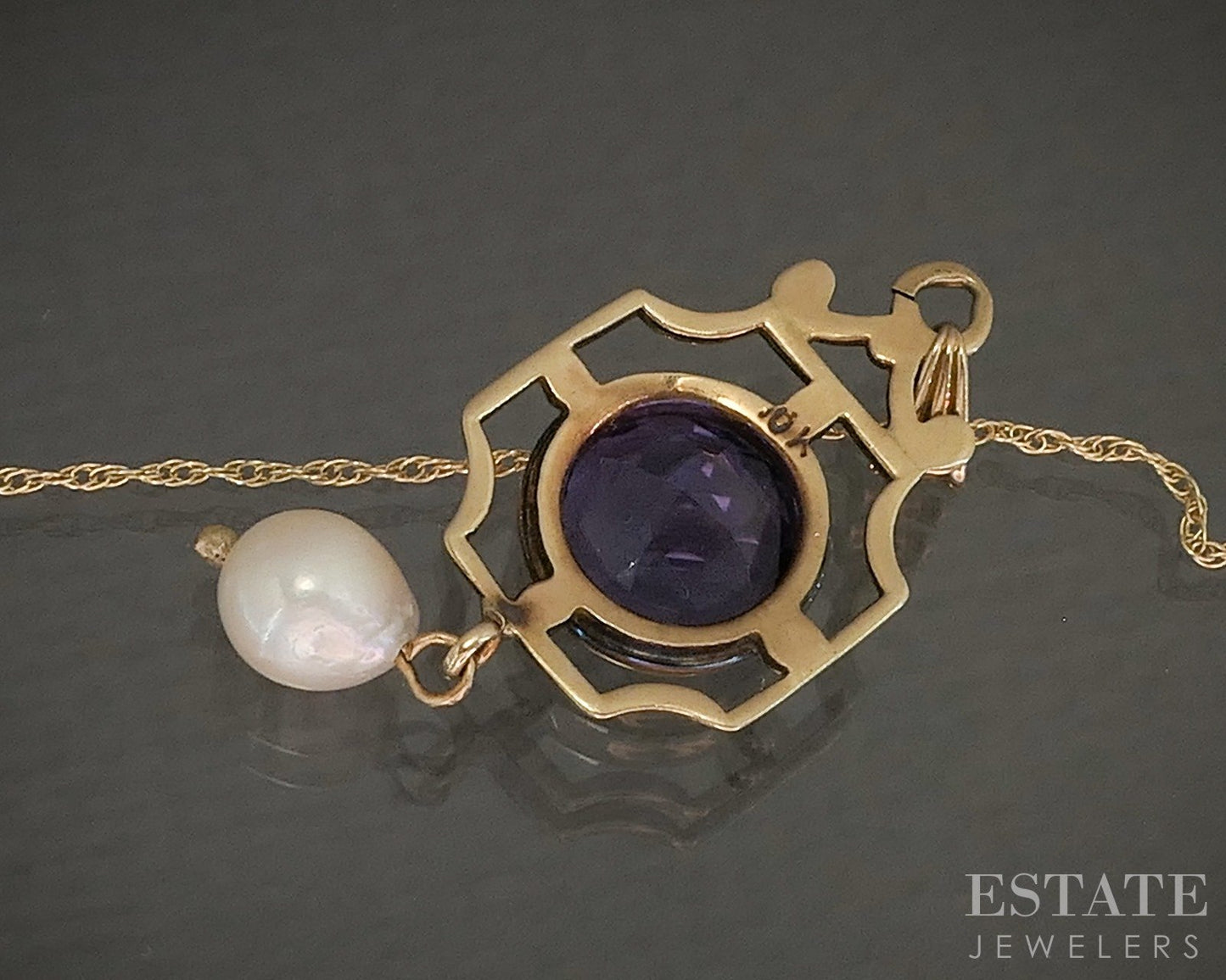 Vintage 10k Yellow Gold Natural Amethyst & Pearl Necklace 2.2g 18"L p26312