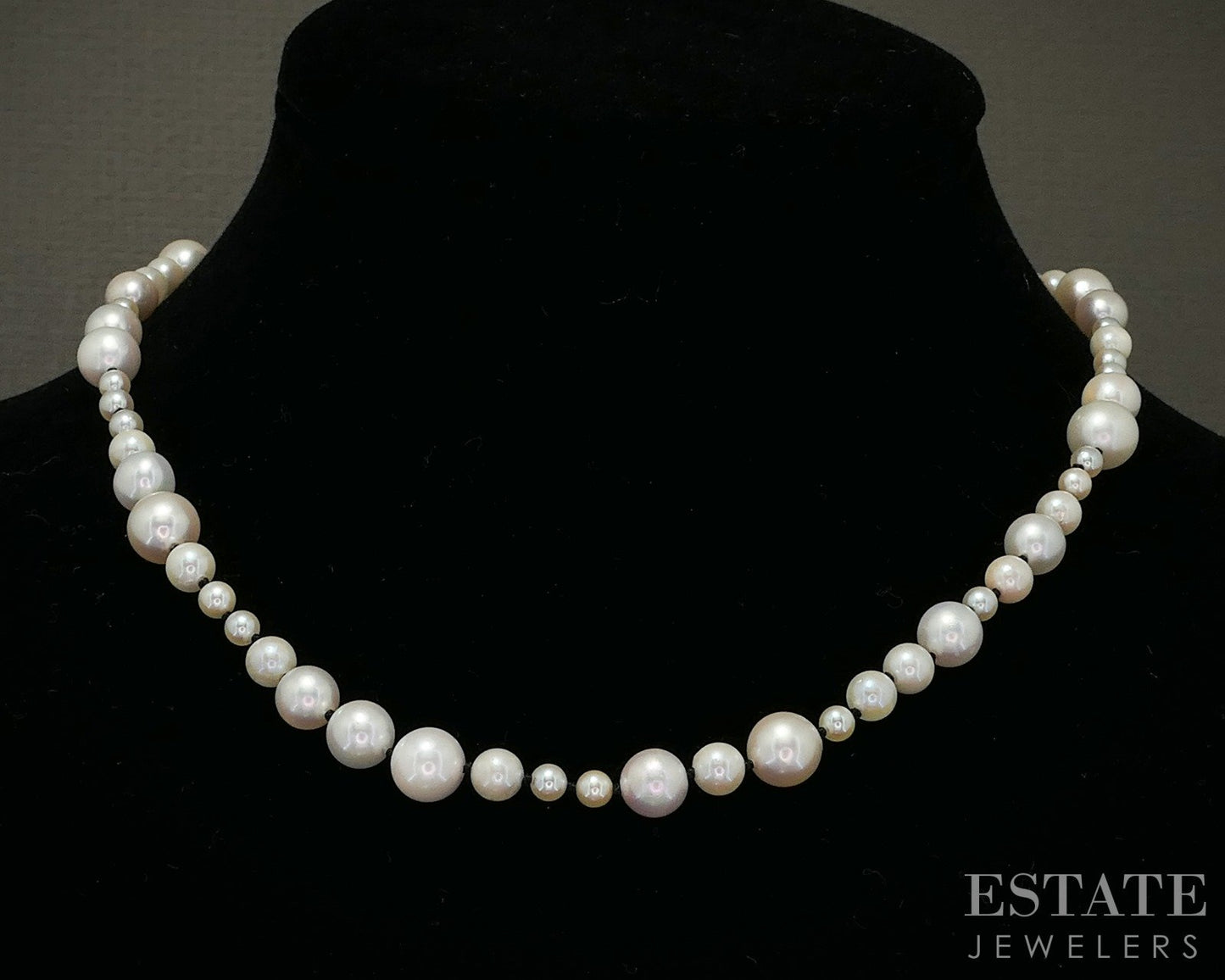 14k Yellow Gold 3.5-8mm Cultured Akoya Pearl & Diamond Necklace 16.5"L p28559
