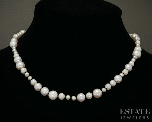 14k Yellow Gold 3.5-8mm Cultured Akoya Pearl & Diamond Necklace 16.5"L p28559
