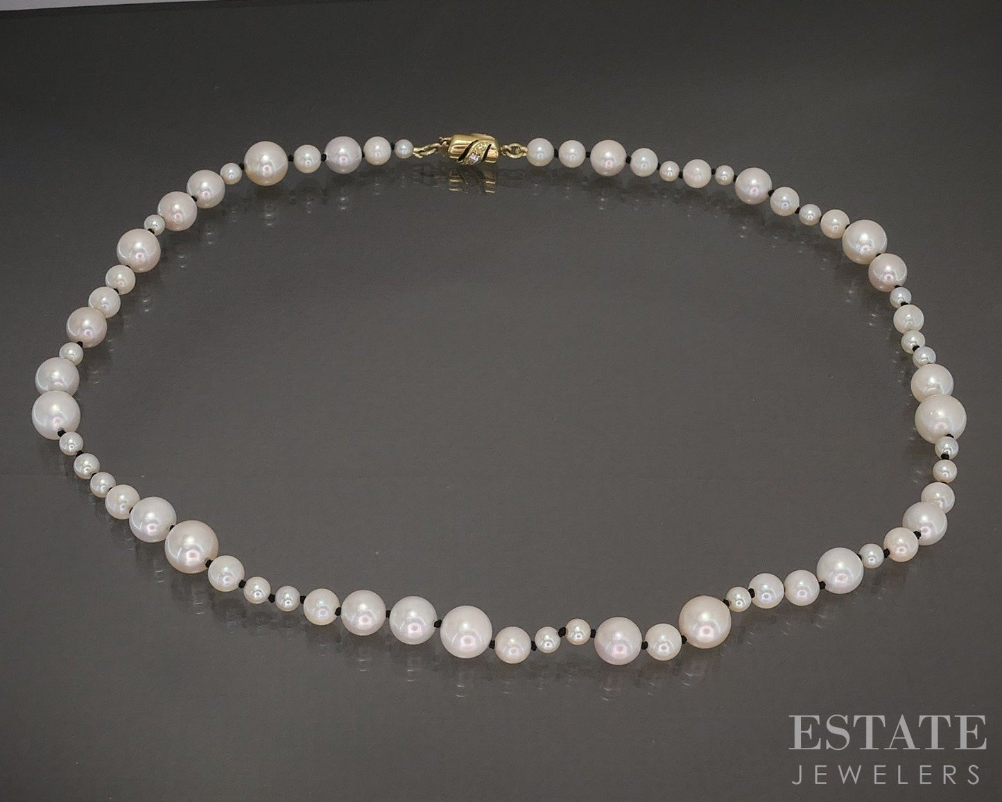 14k Yellow Gold 3.5-8mm Cultured Akoya Pearl & Diamond Necklace 16.5"L p28559