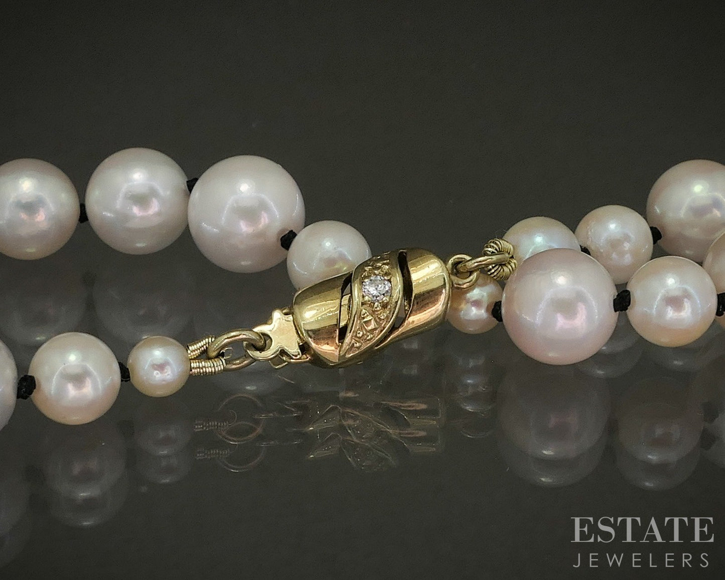 14k Yellow Gold 3.5-8mm Cultured Akoya Pearl & Diamond Necklace 16.5"L p28559