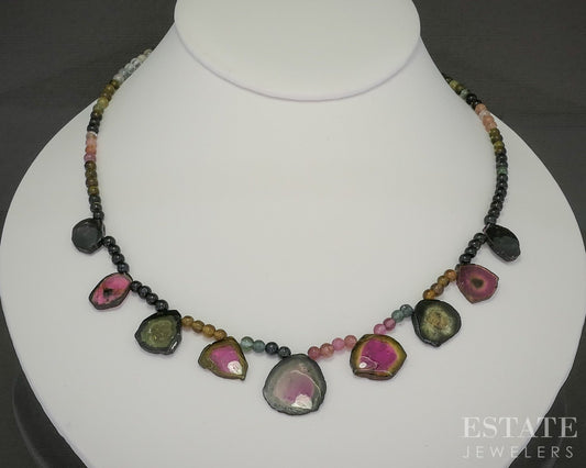 14k Yellow Gold Watermelon Tourmaline & Tourmaline Beaded Necklace 18g 17.5"L p22233