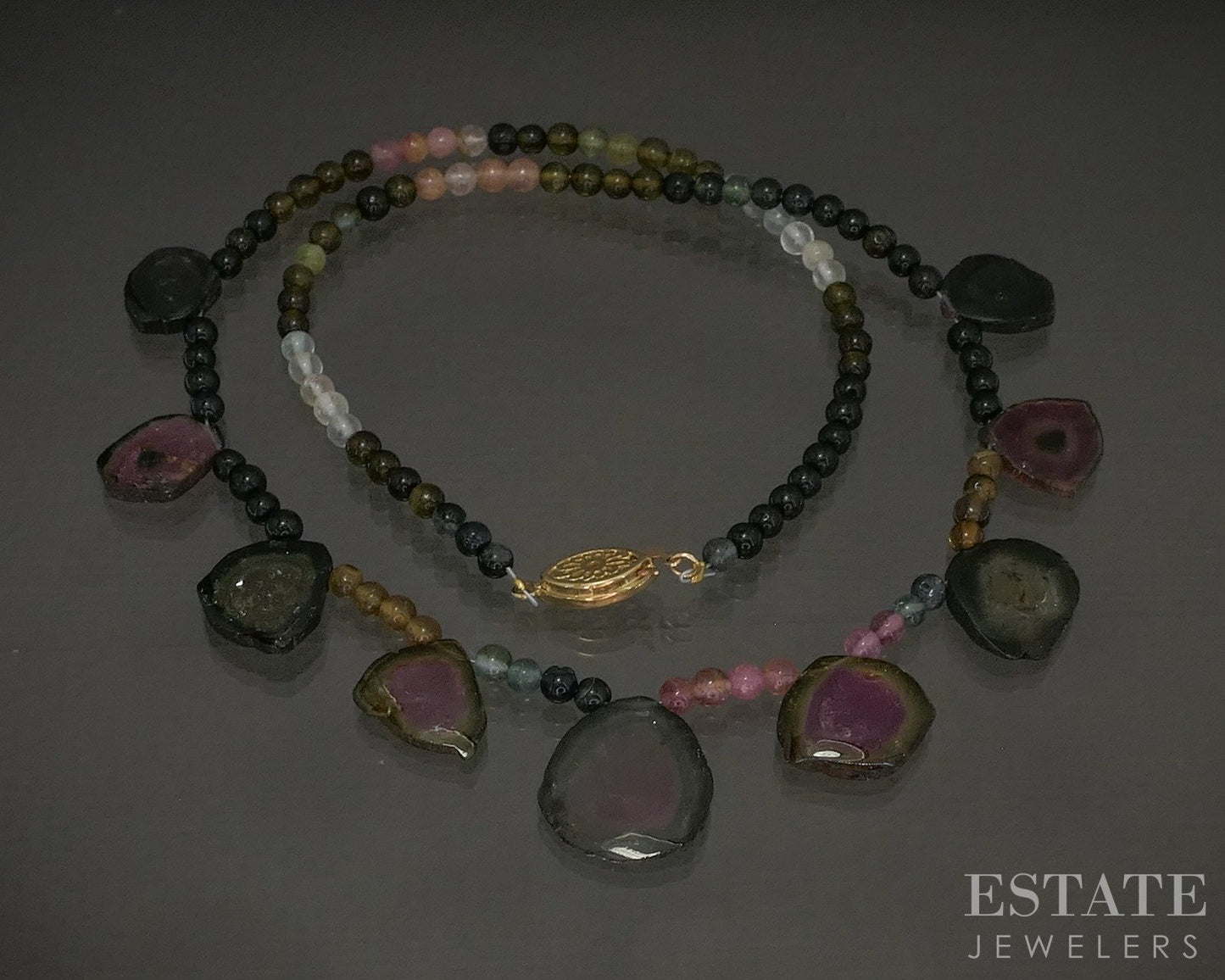 14k Yellow Gold Watermelon Tourmaline & Tourmaline Beaded Necklace 18g 17.5"L p22233