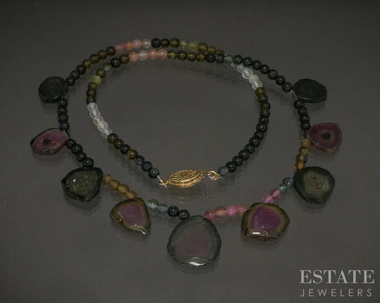 14k Yellow Gold Watermelon Tourmaline & Tourmaline Beaded Necklace 18g 17.5"L p22233