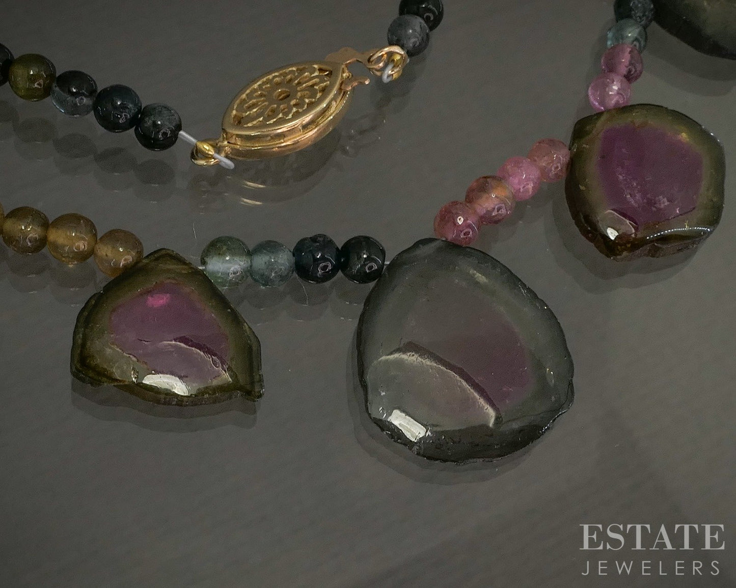 14k Yellow Gold Watermelon Tourmaline & Tourmaline Beaded Necklace 18g 17.5"L p22233