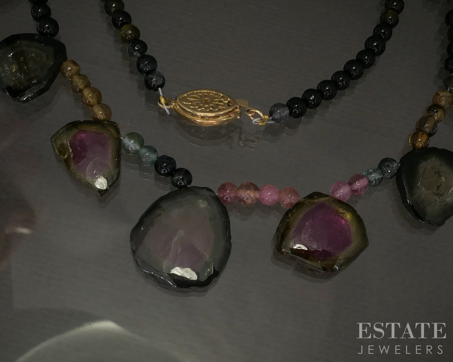 14k Yellow Gold Watermelon Tourmaline & Tourmaline Beaded Necklace 18g 17.5"L p22233