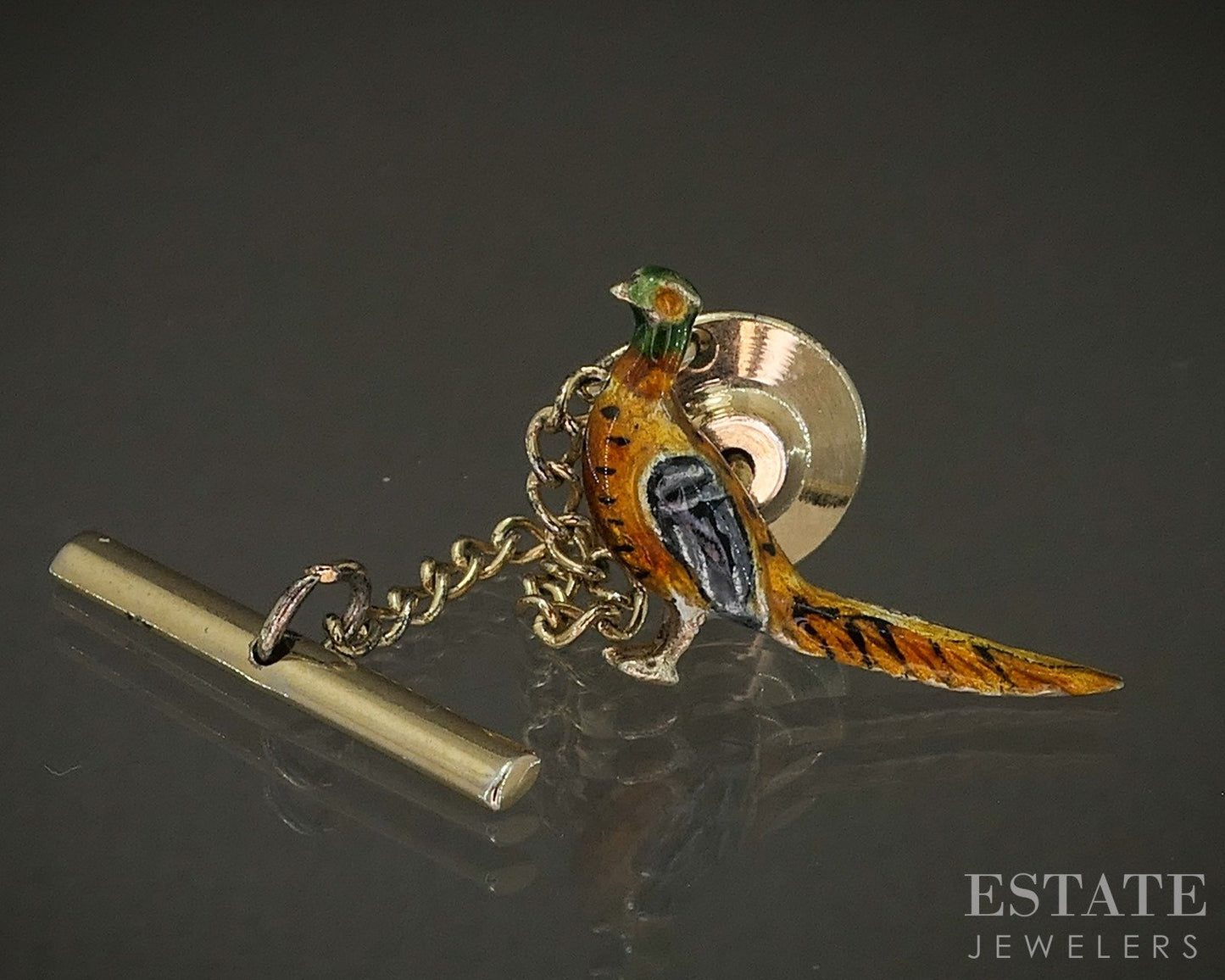 Vintage 14k Yellow Gold Enameled Pheasant Mens Tie Tack Pin 2g p27417