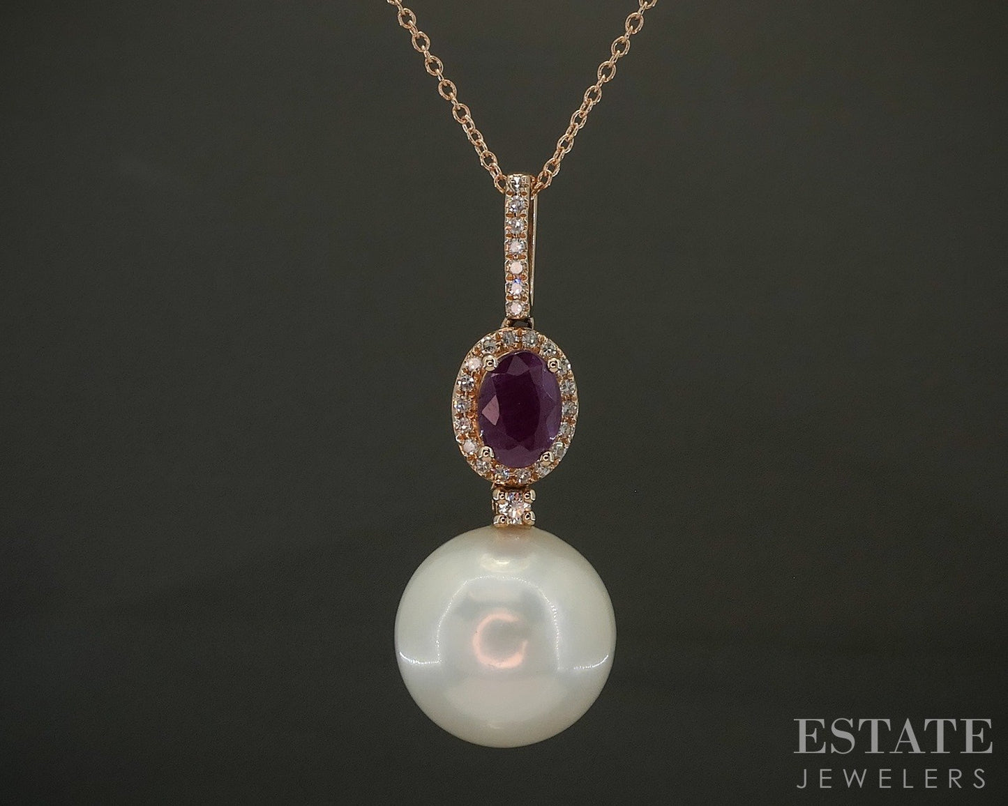 14k Rose Gold 13mm South Sea Pearl Ruby Diamond Honora Necklace 5.9g p24429