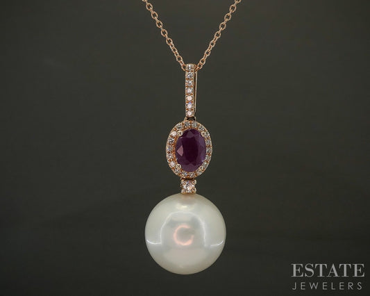 14k Rose Gold 13mm South Sea Pearl Ruby Diamond Honora Necklace 5.9g p24429