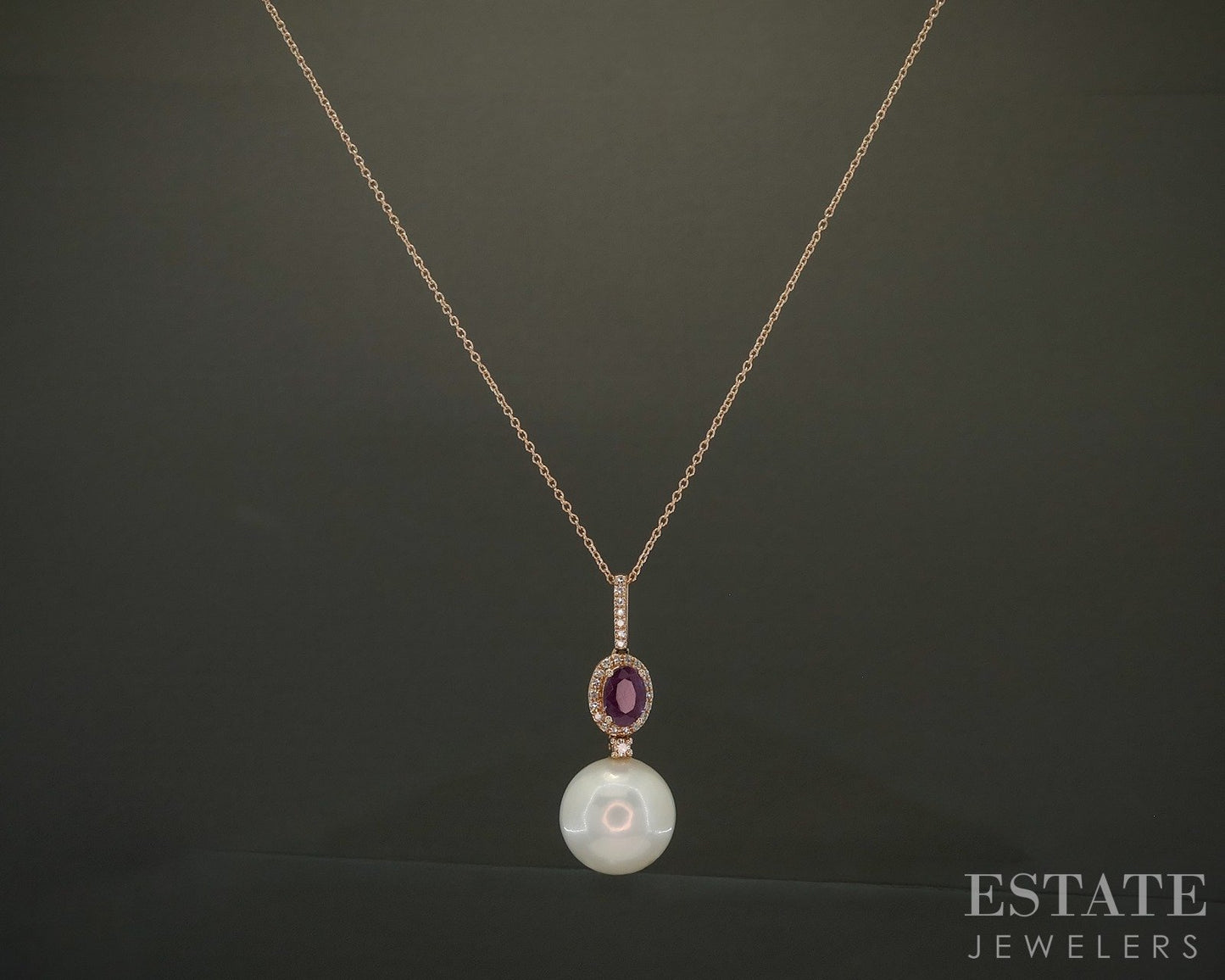 14k Rose Gold 13mm South Sea Pearl Ruby Diamond Honora Necklace 5.9g p24429