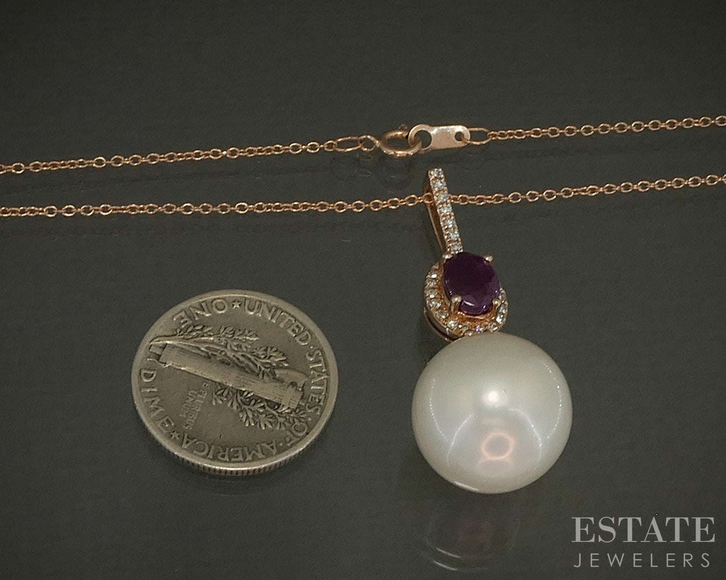 14k Rose Gold 13mm South Sea Pearl Ruby Diamond Honora Necklace 5.9g p24429