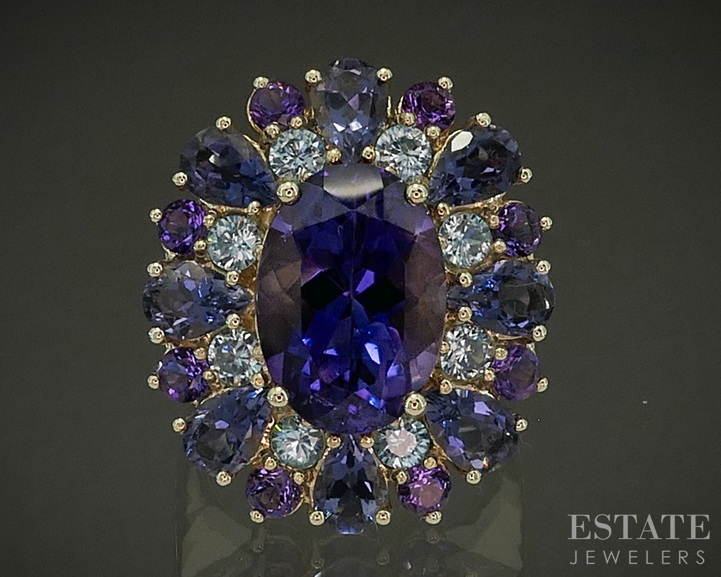 18k Yellow Gold Oval Natural Amethyst & Blue Topaz Cocktail Ring 15.2g p24515