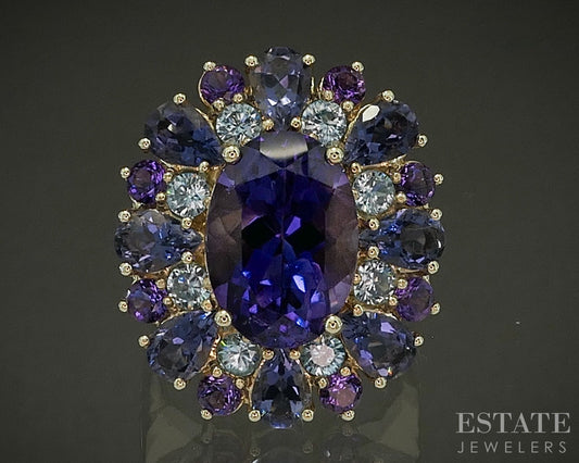 18k Yellow Gold Oval Natural Amethyst & Blue Topaz Cocktail Ring 15.2g p24515