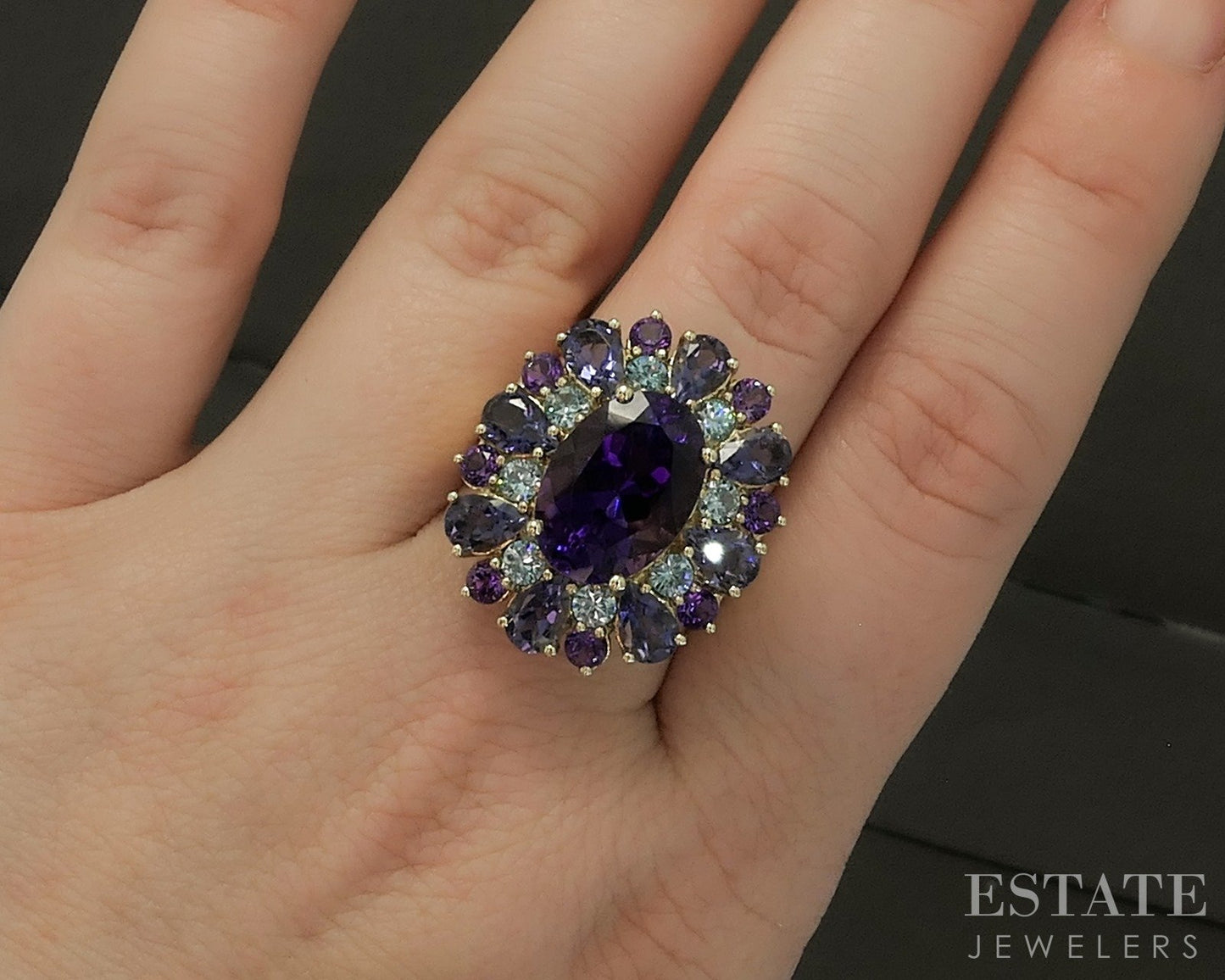 18k Yellow Gold Oval Natural Amethyst & Blue Topaz Cocktail Ring 15.2g p24515