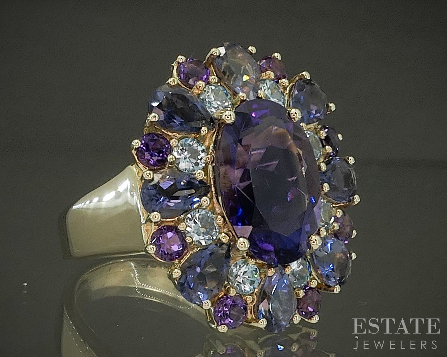 18k Yellow Gold Oval Natural Amethyst & Blue Topaz Cocktail Ring 15.2g p24515