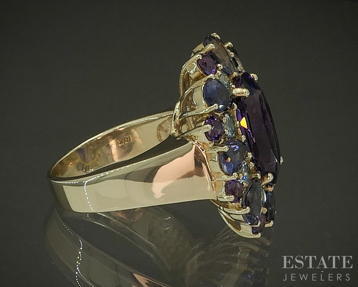 18k Yellow Gold Oval Natural Amethyst & Blue Topaz Cocktail Ring 15.2g p24515