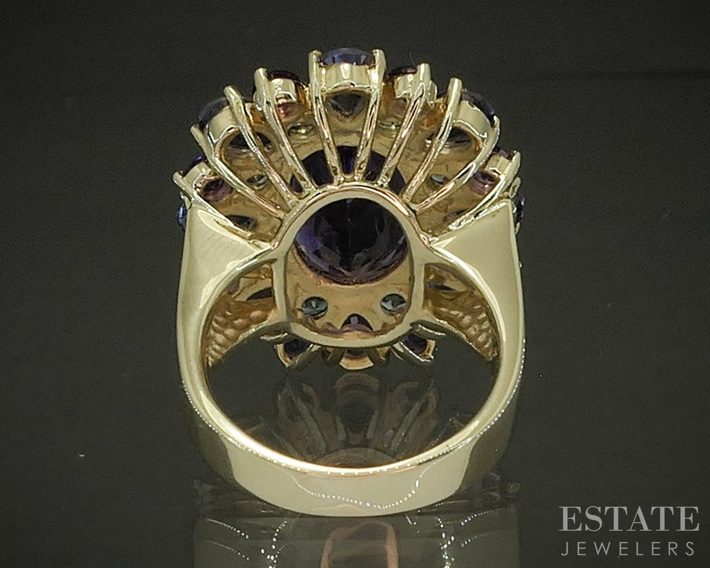 18k Yellow Gold Oval Natural Amethyst & Blue Topaz Cocktail Ring 15.2g p24515