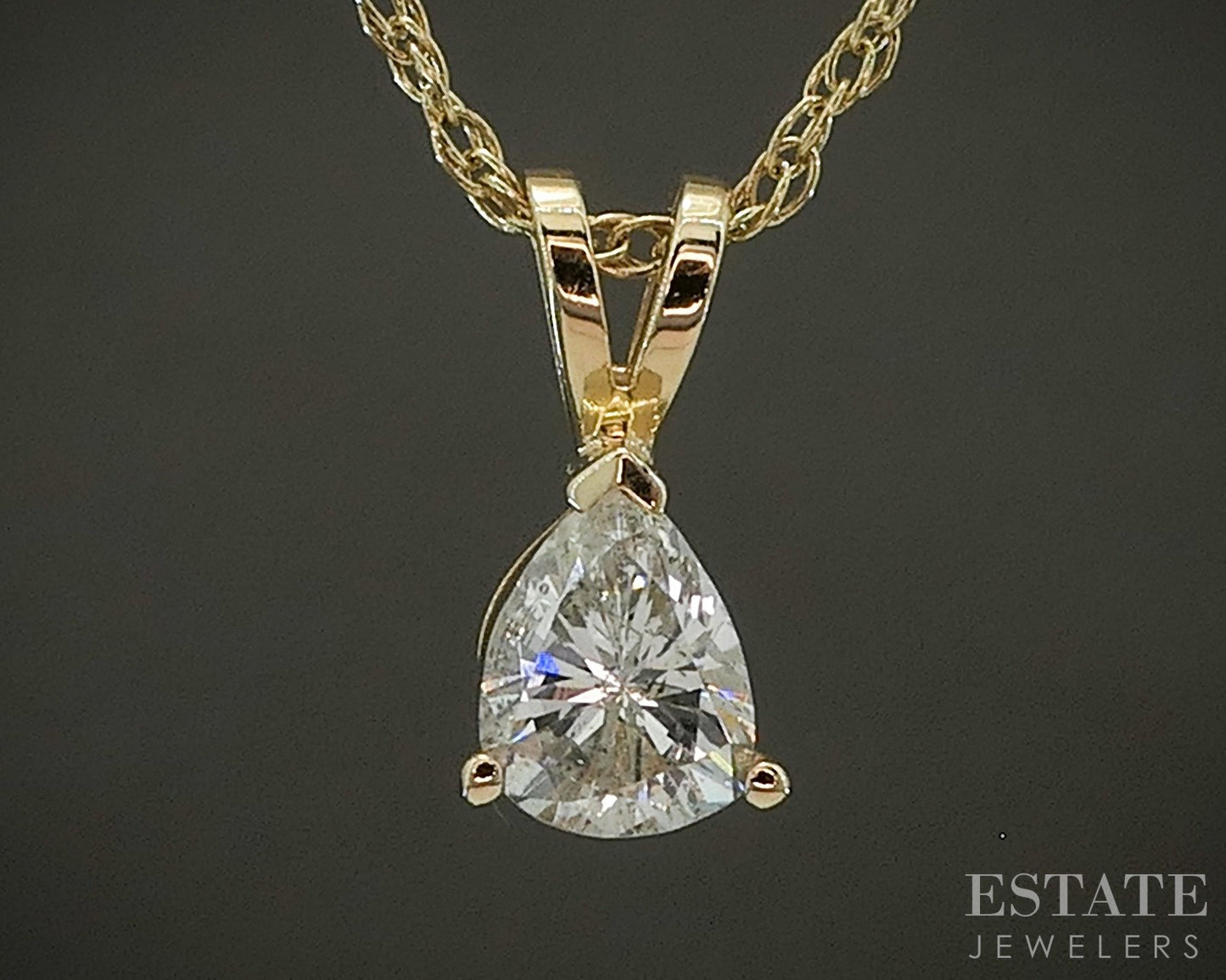 14k Yellow Gold Pear Natural .48ct Diamond Solitaire Necklace 2.1g 19"L p25941