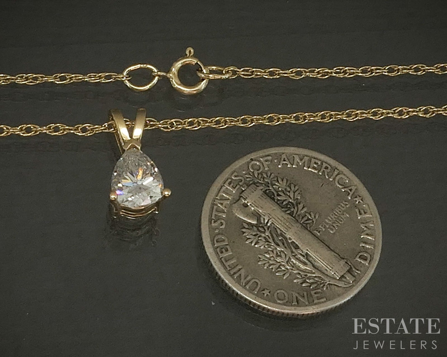 14k Yellow Gold Pear Natural .48ct Diamond Solitaire Necklace 2.1g 19"L p25941