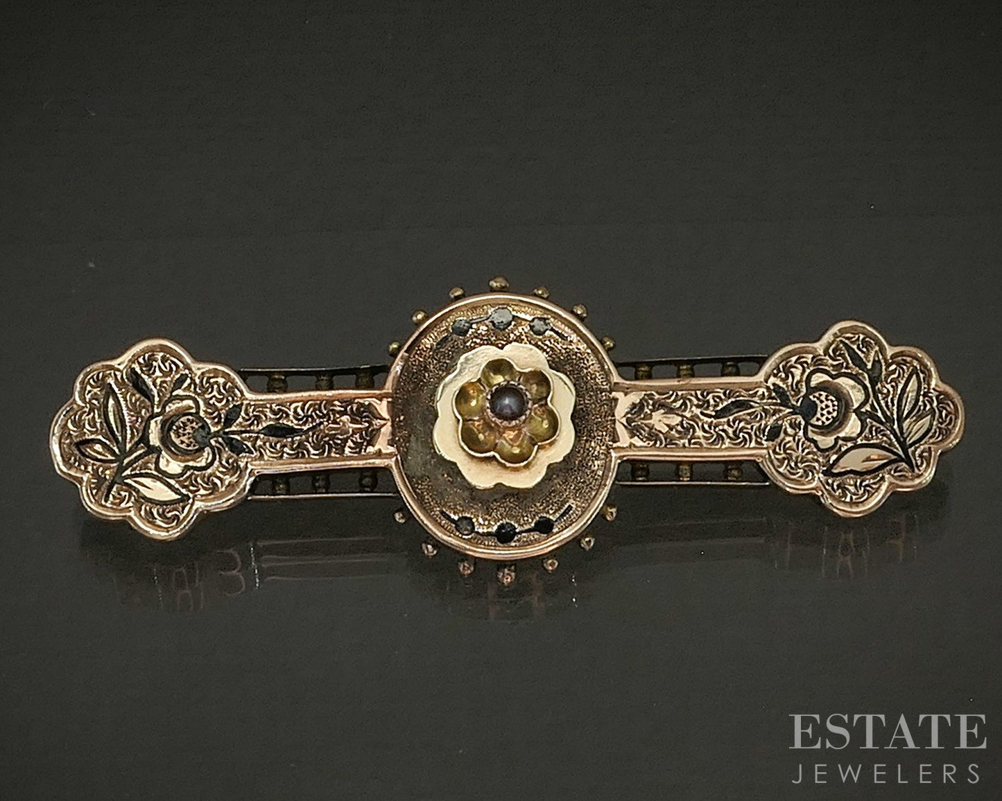 Antique Victorian 10k Yellow Gold Seed Pearl Enameled Bar Pin Brooch 4.6g p25549