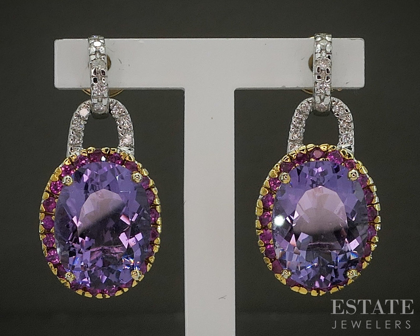 14k White Gold Natural Amethyst Ruby Sapphire & Diamond Earrings 7.5g p21782