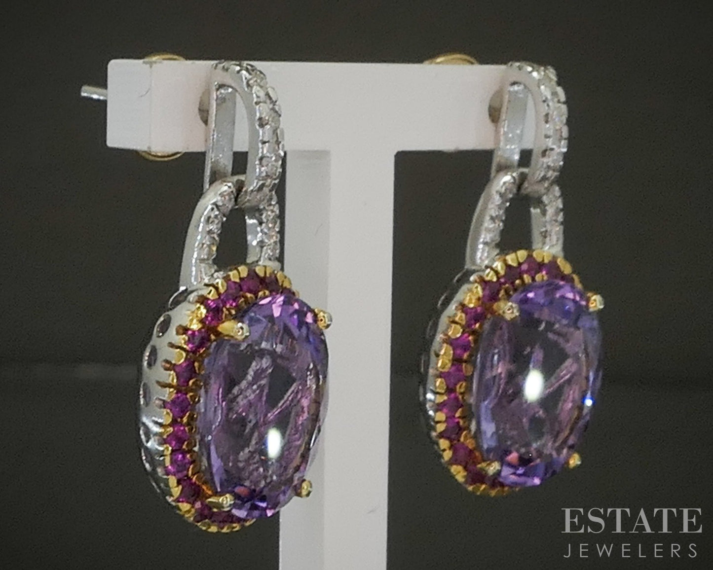 14k White Gold Natural Amethyst Ruby Sapphire & Diamond Earrings 7.5g p21782