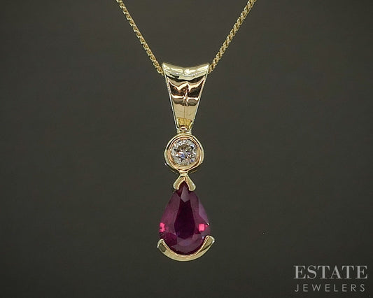 14k Yellow Gold Pear Natural Ruby & Diamond Ladies Necklace 2.7g 18"L p24070